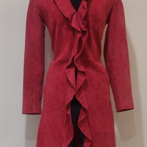 💋STUNNING BOHO CHIC💋Vintage Genuine Suede Ruffled Trench Coat in Rose Red - Picture 5 of 11